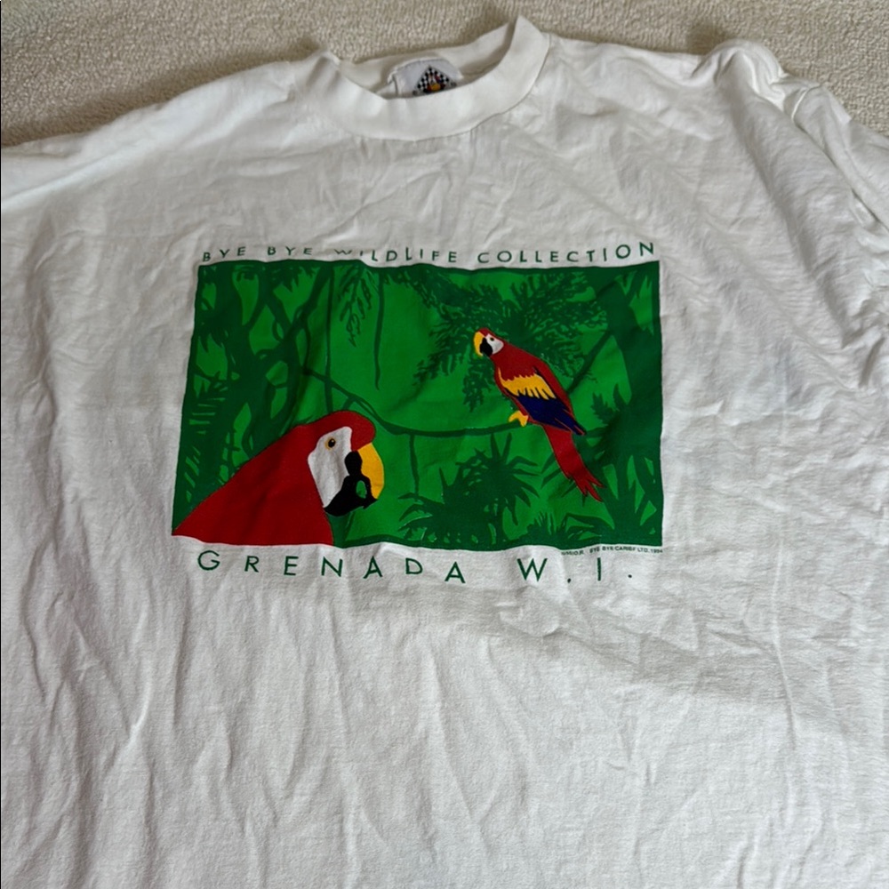 Vintage 90s Bye Bye Grenada White T Shirt Tee-Parrots-Size XL